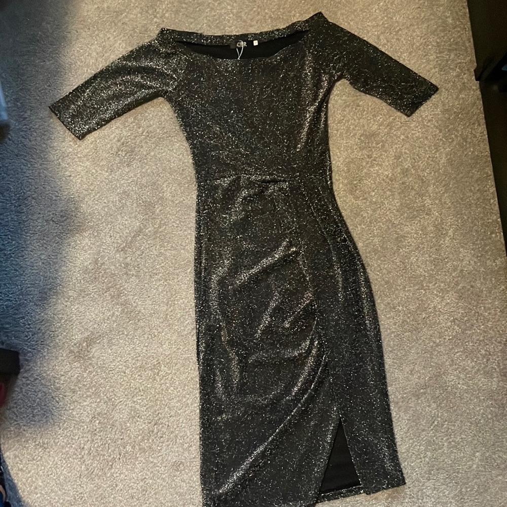 Sparkly off the shoulder high slit holiday dress